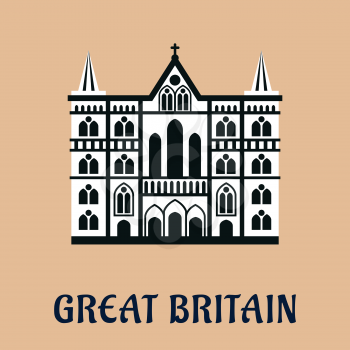Great Britain architectural landmark flat icon of majestic cathedral church in gothic style with arched windows