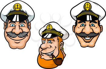 Ship captains in cartoon style with cheerful smiling men with gray moustaches, with white peaked caps and tobacco pipe for nautical mascot or tattoo design