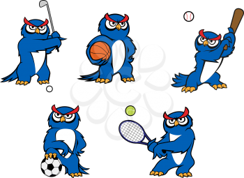 Blue cartoon owl characters playing golf, basketball, baseball, football and tennis with sports items for mascot design