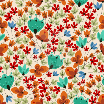Spring field flowers seamless pattern with fragile petals and pale foliage on almond background for retro stylized wallpaper or textile design