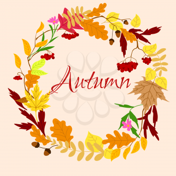 Autumnal wreath frame with colorful leaves, branches of oak with acorns and bunches of berry in warm colors on background