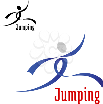 Jumping competition emblem  design with jumping athlete abstract silhouette, composed of blue curved ribbons and isolated on white background