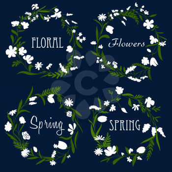 Spring flowers wreaths with white blooming flowers, herbs and dark green grass sprig, for greeting card or floral frame design