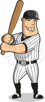 Cartoon professional baseball player character with bat, depicting muscular batter man in striped uniform and cap awaiting a pitch. For sports design