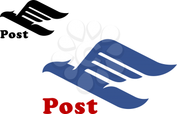 Post symbol with abstract blue bird silhouette in flight with trailing wings and outstretched neck on white background, for postal or air shipping design