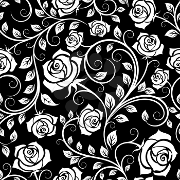 Seamless pattern of vintage white roses among twisted stems on black background, for wallpaper or interior design