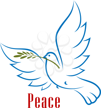 Dove bird carrying green olive branch in beak as a peace symbol, isolated on white background . Outline sketch style
