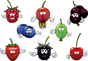 Sweet raspberry, strawberry, currants, cherry, blackberry, gooseberry, blueberry and briar fruits cartoon characters isolated on white.  For agriculture or fresh healthy food design