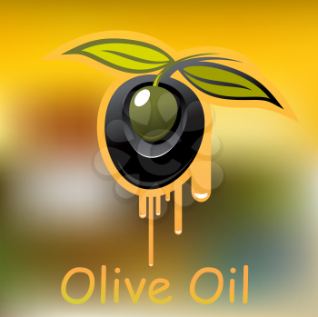 Black olive fruit with pointed green leaves dripping natural olive oil on blurred background