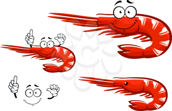 Small red shrimp cartoon character with long antennae and curved tail showing upward, isolated on white, for seafood menu design