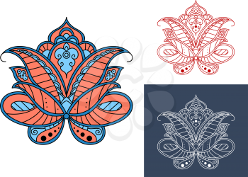 Persian paisley flower with red and blue colored petals isolated on background, retro style