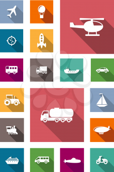 Air, land and water transportation flat icons with long shadows including airplane, hot air balloon, bus, truck, car, barge, motorbike, tractor, helicopter, locomotive, car tank truck, zeppelin, yacht