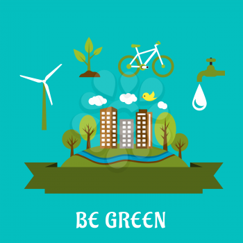 Green city concept with eco friendly city, green energy and natural resources protection icons. Flat style
