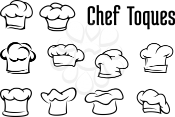 Chef or baker white toques, caps and hats in outline style isolated on white background, for cafe menu or restaurant concept design