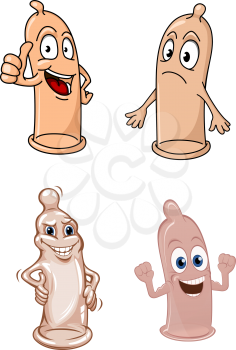 Funny cartoon latex condomscharacters isolated on white background, for contraceptive or safe sex concept design