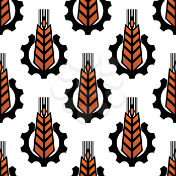 Stylized orange wheat in the middle of gear wheels in seamless pattern for mechanization or agriculture design