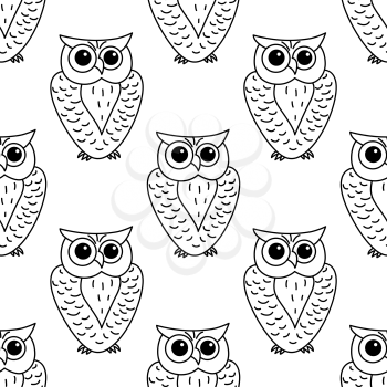 Great horned outline owl  seamless pattern with stylized striped feathers