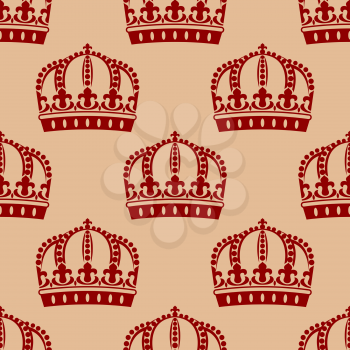 Red medieval crowns in victorian style with classic fleur de lys floral elements seamless pattern for heraldic or textile design