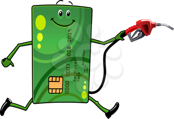 Green credit card character running with petrol or gasoline pump in hand