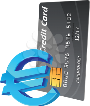 Blue glossy euro currency sign and gray credit card isolated on white, for business or payment concept