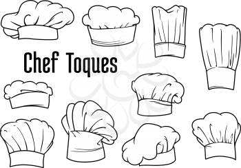 Chef caps, toques or hats set isolated on white background, for kitchen staff, menu or decoration design. Outline sketch style