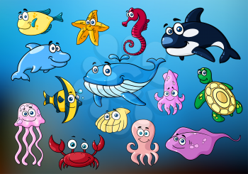 Cartoon funny fishes, dolphin, blue and killer whales, jellyfish, octopus, starfish, squid, crab, seahorse, stingray, sea turtle and oyster on blue sea background for underwater wildlife or mascot des