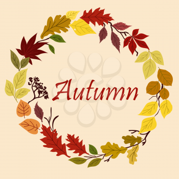 Autumn leaves frame border with colorful wreath composed of green, red, yellow, brown and orange foliage
