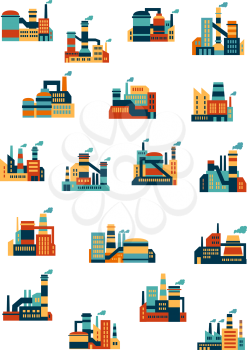 Industrial factories and plants icons in flat style with smoking chimneys, isolated on white, for ecology or technology design
