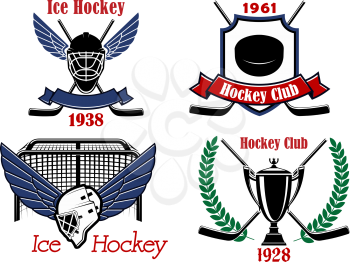 Ice hockey championship badges and icons with crossed sticks, puck, trophy and winged goalie masks framed by gate, wreath and heraldic shield with ribbon banners