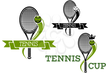 Tennis club or tournament sporting emblems with rackets and balls, royal crowns and wavy motion trails decorated by ribbon banners