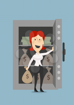 Happy smiling businesswoman opening the door of safe with money bags and stacks, for safety or security concept design. Cartoon flat style 