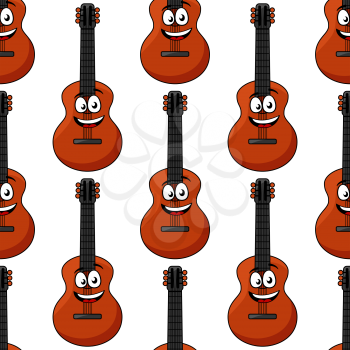 Happy smiling cartoon acoustic guitar characters seamless pattern with classic musical instruments on white background