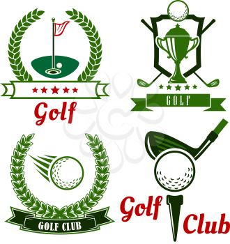 Golf club icons, emblems and symbols with flying ball, clubs, trophy cup and golf balls on field with flagstick and on starting position with tee.  Framed by wreaths, shield, stars and ribbon banners