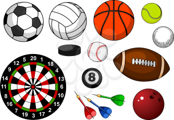 Sport items with football, soccer, rugby, basketball, volleyball, tennis, golf, baseball, billiards, bowling, hockey puck and dartboard isolated on white background