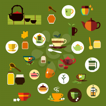 Tea time icons in flat style with various cups and mugs, tea bags, leaves and sugar cubes, teapots and french press, honey jars with dippers and honeycomb, ceramic chinese tea sets