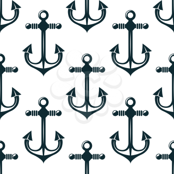 Old blue marine anchors seamless pattern with curved flukes on white background, for sailing or nautical themed design design