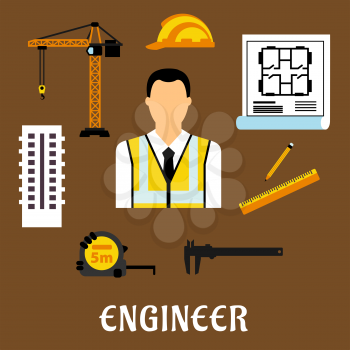Engineer profession concept with man in reflective vest surrounded by yellow helmet, blueprint, tower crane, multi storey building, caliper, ruler, pencil and roulette icons. Flat style