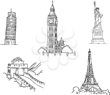 Black and white sketch set of famous world landmarks including the Leaning Tower of Pisa, Eiffel Tower, Big Ben, Liberty and Great Wall