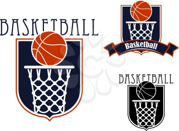 Basketball team emblems or badges with basketball backboards in form of heraldic shields with baskets and balls supplemented ribbon banner