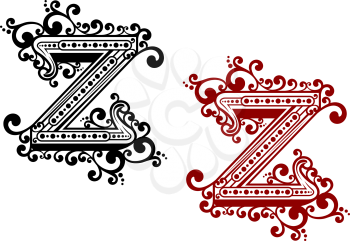 Decorative calligraphic uppercase letter Z adorned flourishes, swirls and curlicues in red and blackvariations for monogram or greeting card design