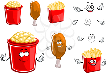 Cartoon fast food french fries box, fried chicken leg and popcorn characters with cheerful smiling faces, for takeaway food design