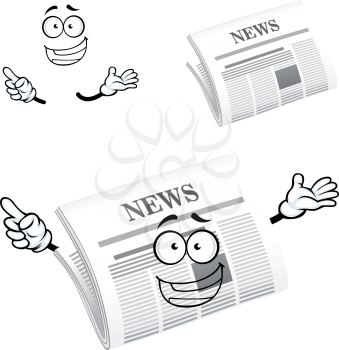 Cartoon newspaper character with header News on front page and happy face, for advertisement or media design