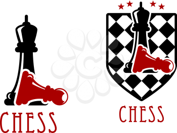 Chess tournament icon design with black queens over fallen red pawns with chessboard adorned by stars