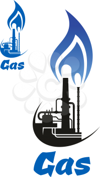 Natural gas processing icon with  silhouette of industrial factory, flue gas stack chimney and flare stack with blue flame