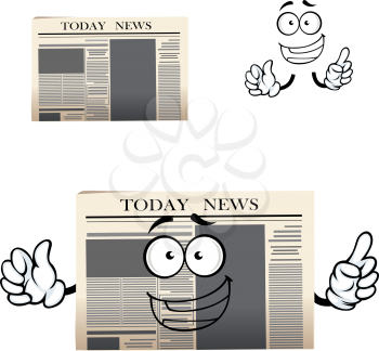 Cartoon morning daily newspaper cartoon character with header Today news and happy face showing upward. Isolated on white background