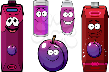 Sweet plum juice cartoon characters including fresh glossy violet plum fruit, juice packs with screw caps and glasses with beverage