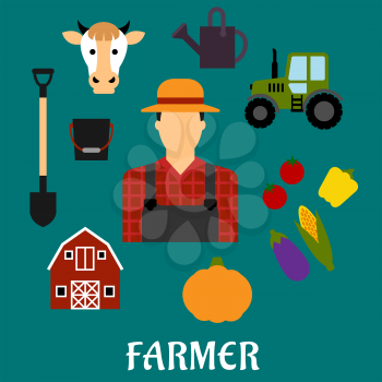 Farmer profession design with man in overalls and straw hat among fresh tomatoes, bell pepper, corn cob, eggplant and pumpkin, barn, shovel, bucket, cow, watering can and tractor. Flat design