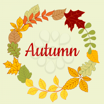 Fallen leaves frame design with orange, yellow, green and red leaves and twigs of trees with text Autumn on background 