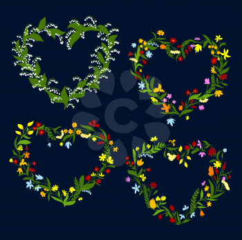 Floral hearts design with delicate spring flowers wreaths ornated by lilies of valley, roses, daisies, bellflowers, sweet peas and blooming herbs on dark blue background