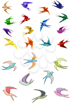 Colorful flying swallows birds in paper origami and outline sketch style isolated on white background for business logo or emblems design